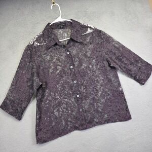Notations Blouse Women XL Purple Floral Animal Print Mesh Sheer See Thru Elegant